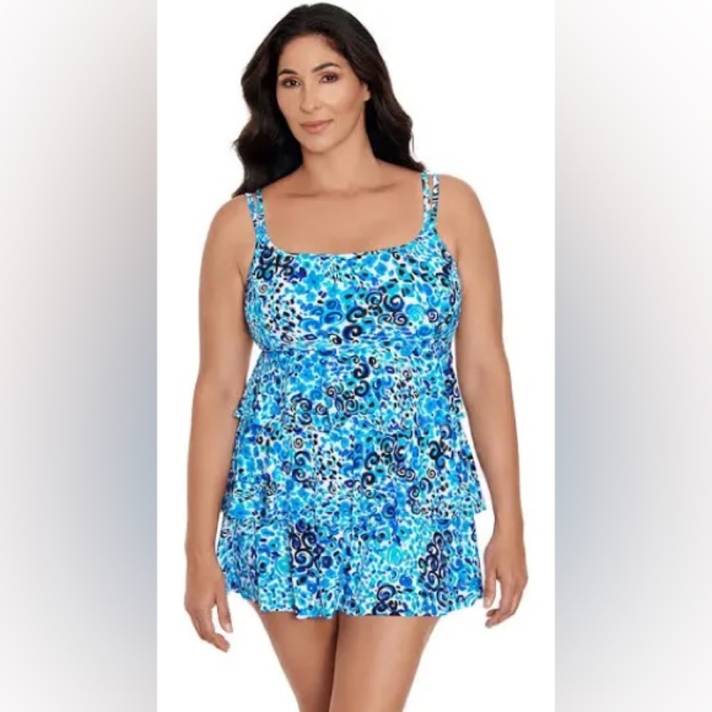 One-piece blue tropical print bust support  swim  suit